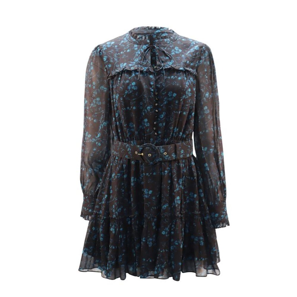 Nicholas Belted Floral Chiffon Mini Dress in Black Viscose